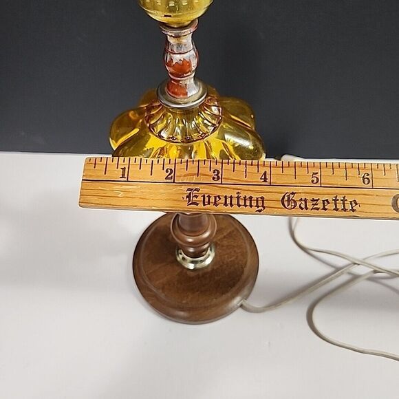 VTG Accent Table Lamp Amber Convex Bubble Glass, Wooden Base, Wood & Brass 12.5" - Picture 14 of 14